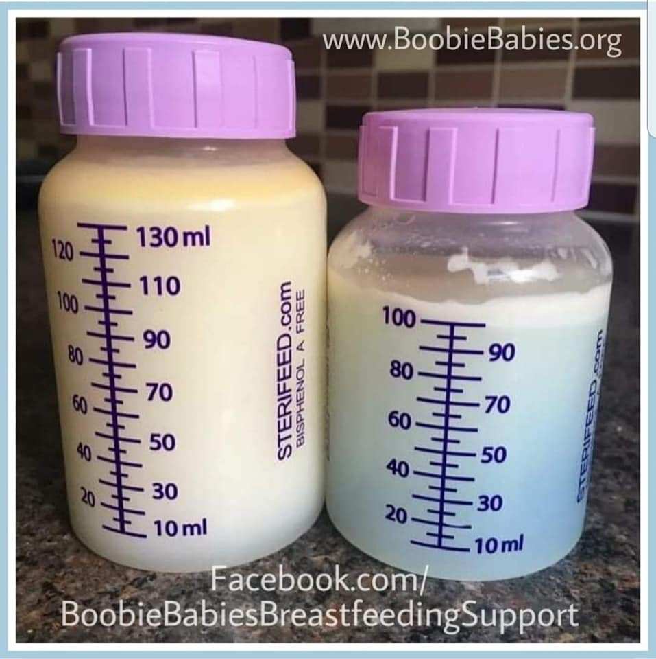 Expressed breastmilk looks different, depending on day, time, or age of baby. Fat content in human milk is variable.